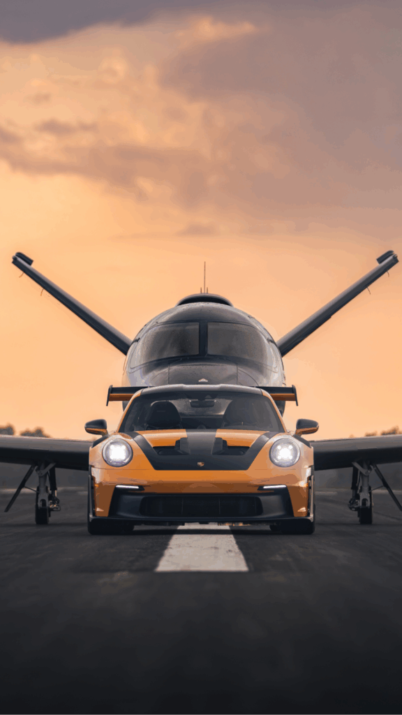 vision jet and Porsche on a runway