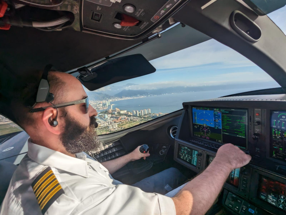 man flying vision jet plane with pilot uniform 