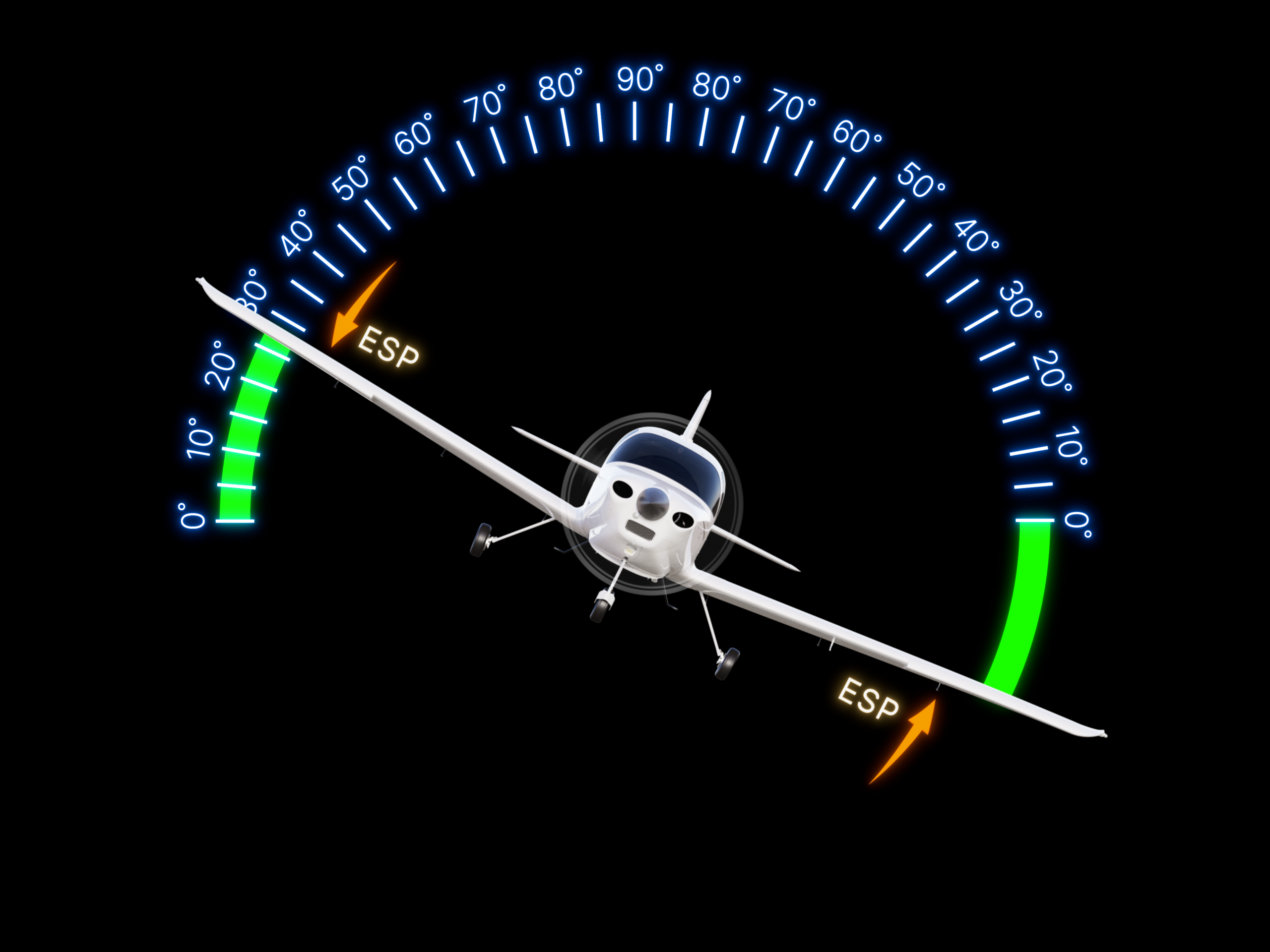 Diagram of the Cirrus TRAC10 Electronic Stability and Protection system showing bank angle limits that trigger ESP