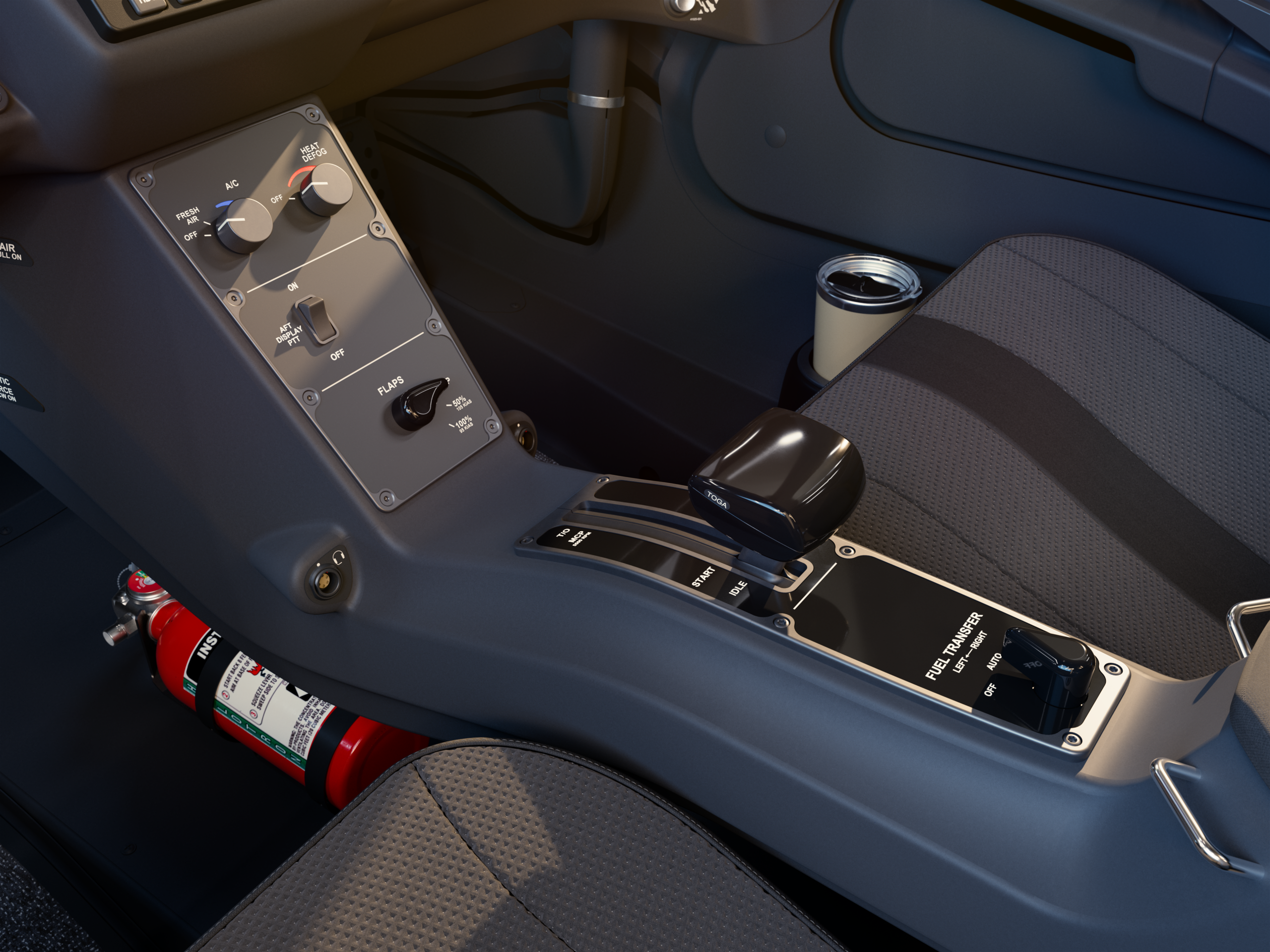 Cirrus TRAC10 center console showing the power lever, flaps, fuel transfer switch, climate controls, and cupholder