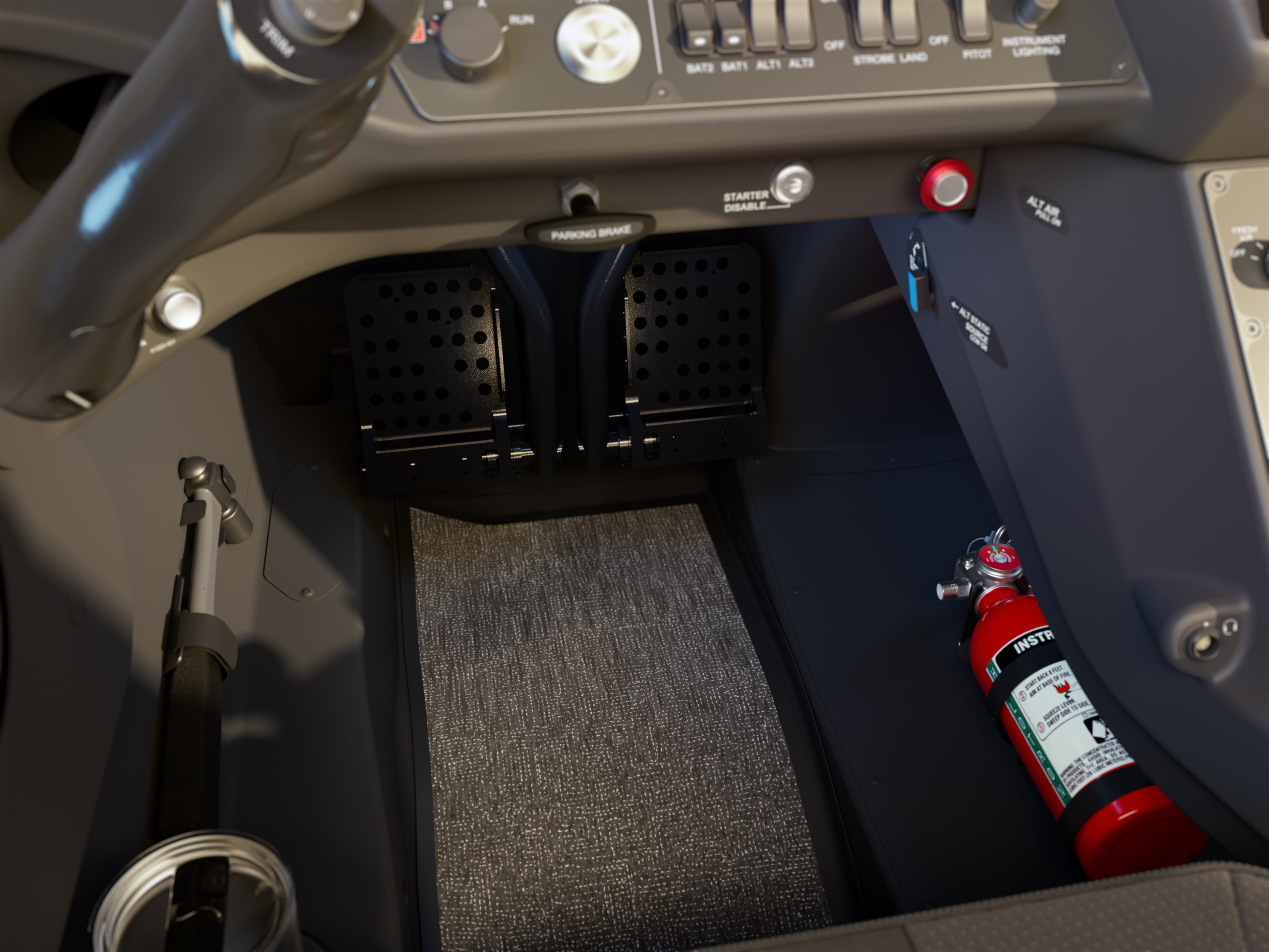 Cirrus TRAC10 cockpit footwell with adjustable rudder pedals, parking brake, and switch panel
