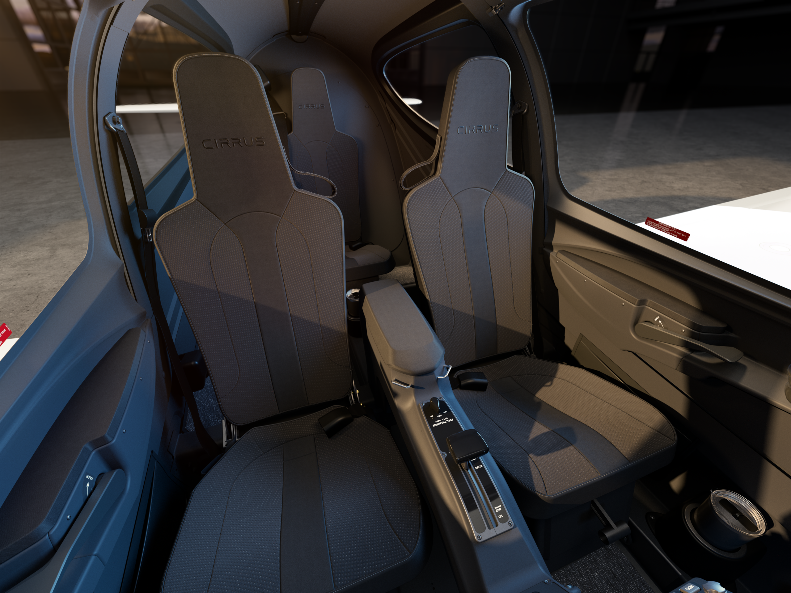 Interior of the Cirrus TRAC10 flight training aircraft with Cirrus-branded seats seen through the open cabin door