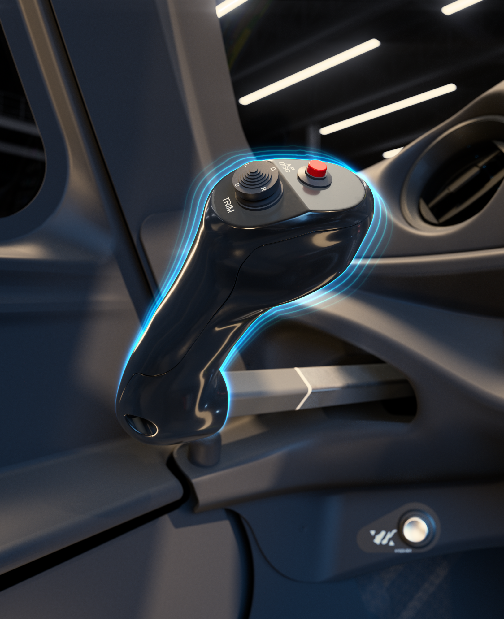 Cirrus TRAC10 side control yoke with trim hat switch and autopilot disconnect button displaying the stick shaker